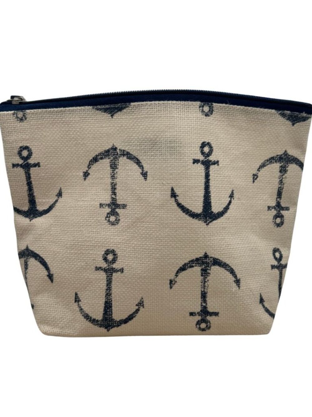 Nautical Anchor Print Canvas Cosmetic Bag | Navy & Beige Zipper Pouch